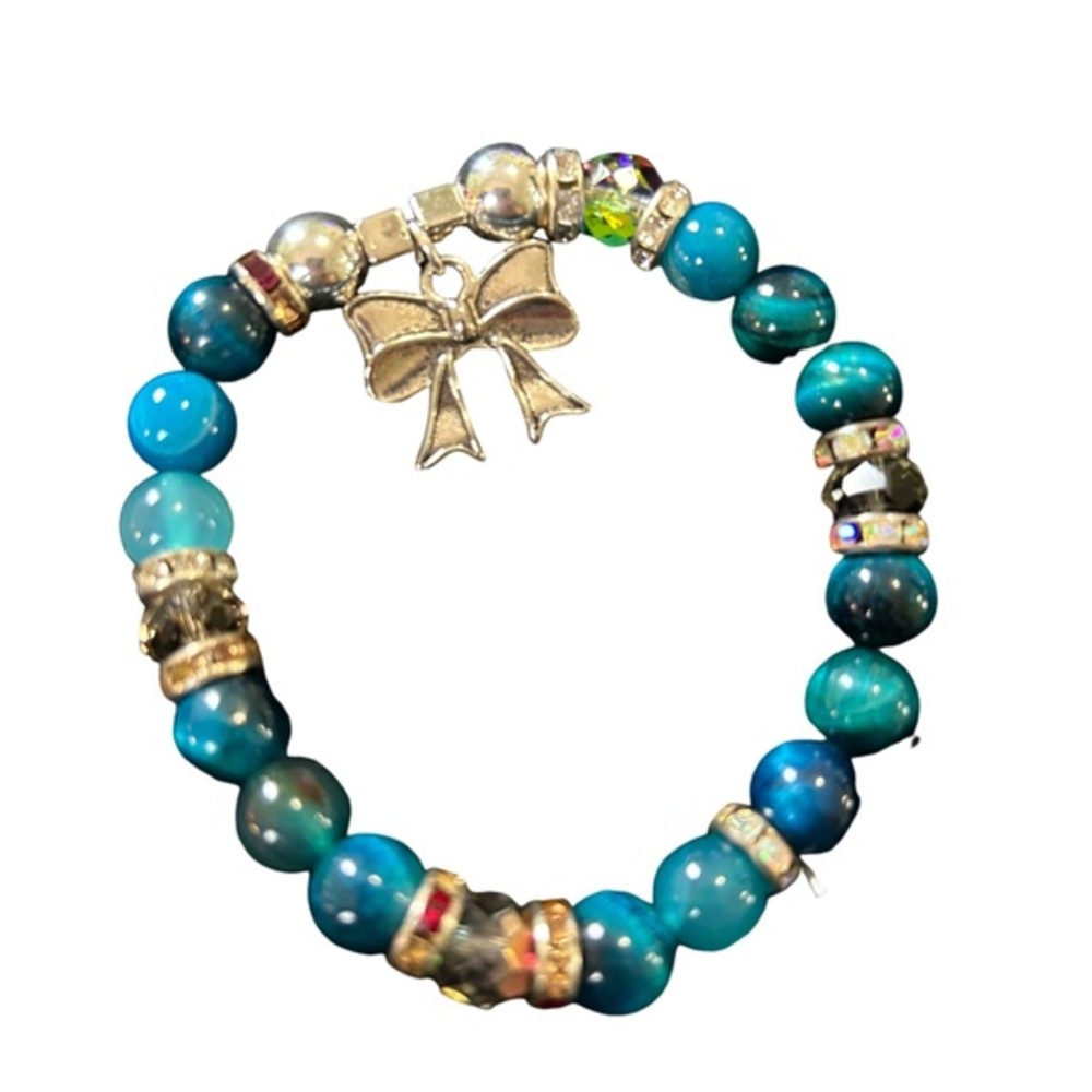 Blue & Silver Glass Beaded Bracelet with Bow Charm